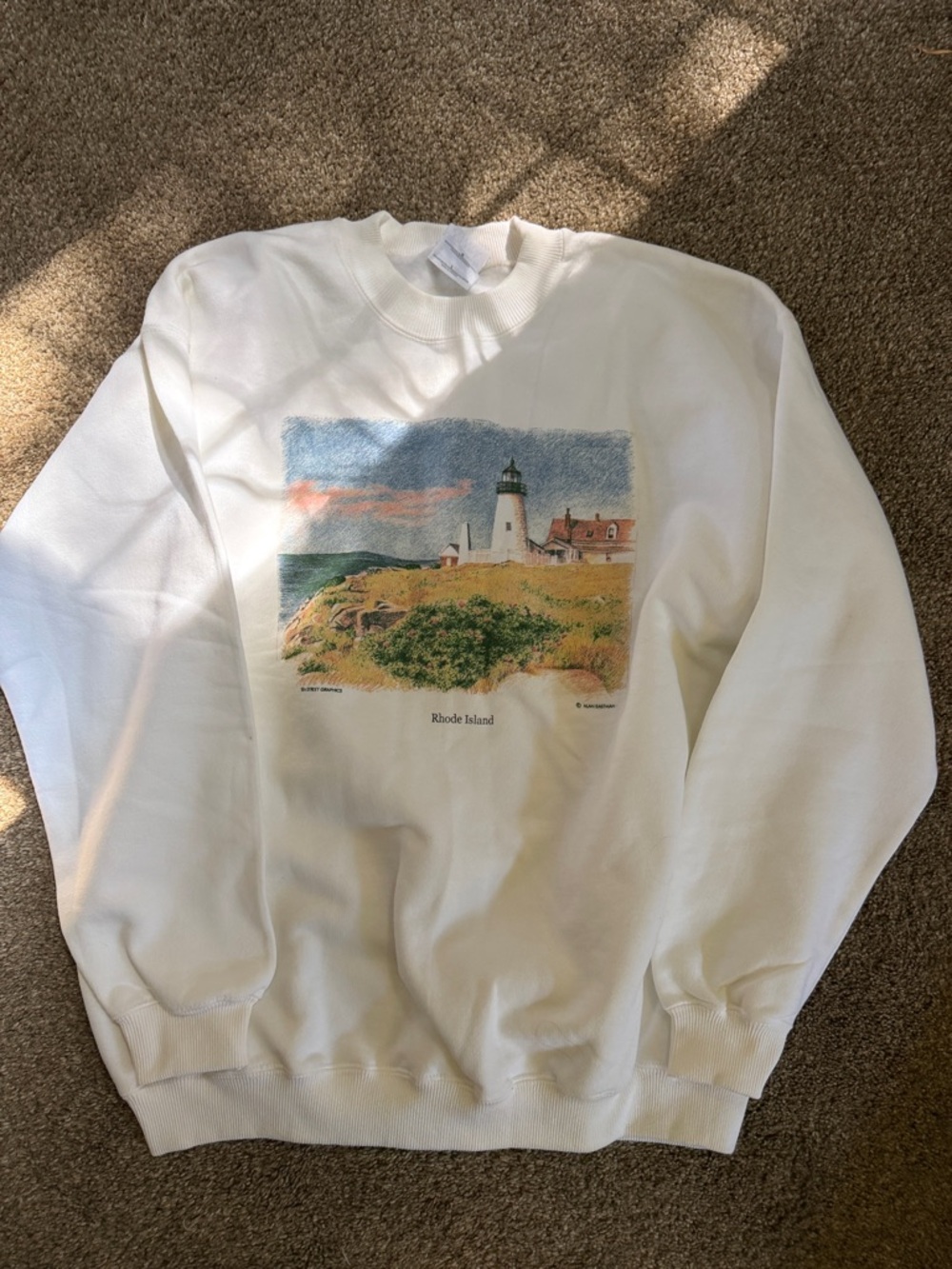 Rhode Island White Crewneck Sweatshirt with Rhode Island Lighthouse Graphic